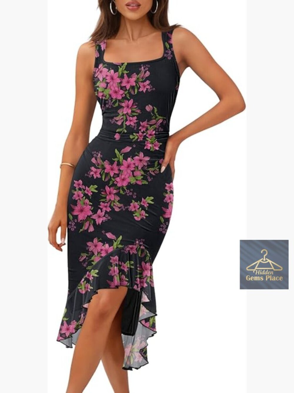 Floral Midi Dress Sleeveless Square Neck Ruffle Cocktail Beach Vacation